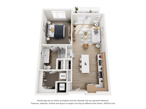 Floor plan for 1 bed, 1 bath, 864 sqft